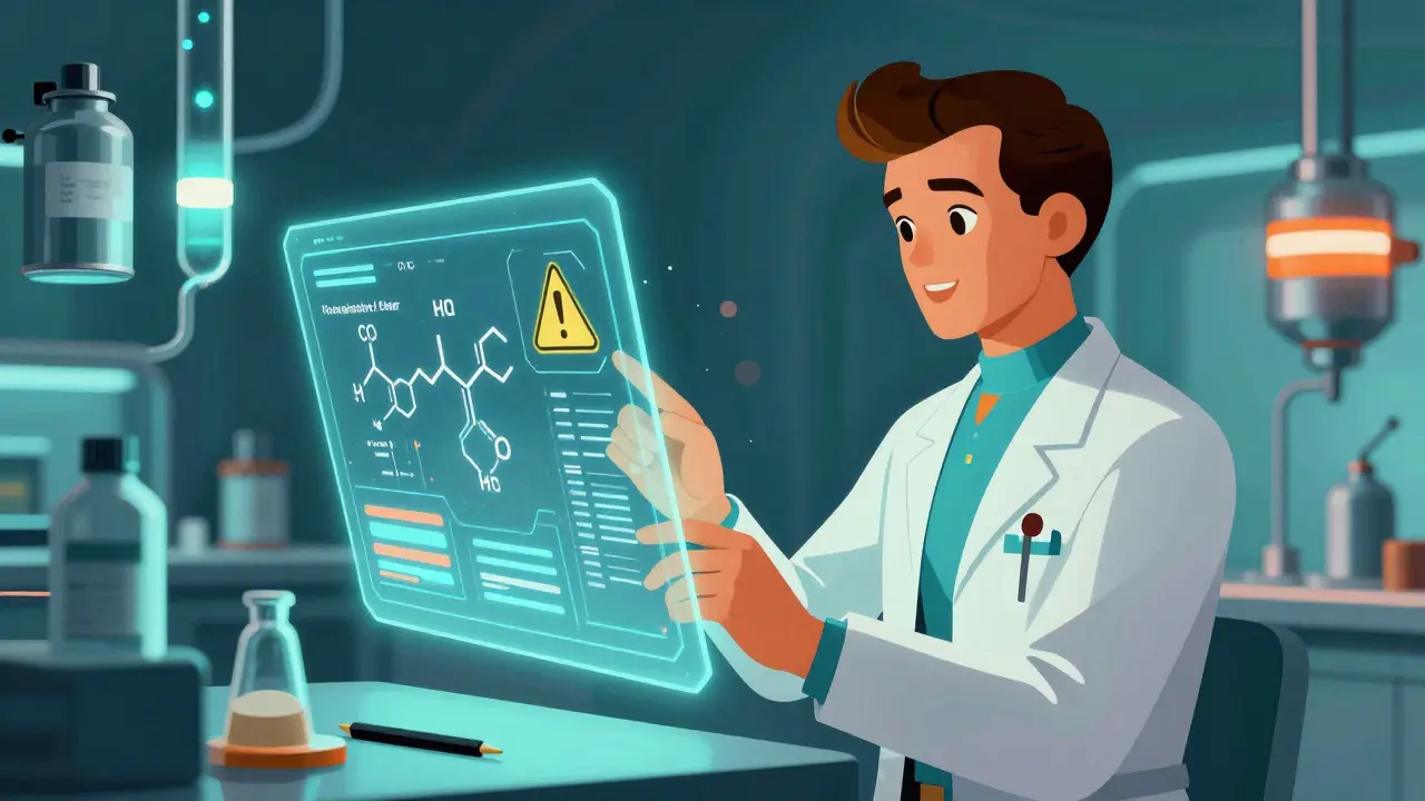 A futuristic doctor analyzing a holographic drug interaction display in a sci-fi medical lab.