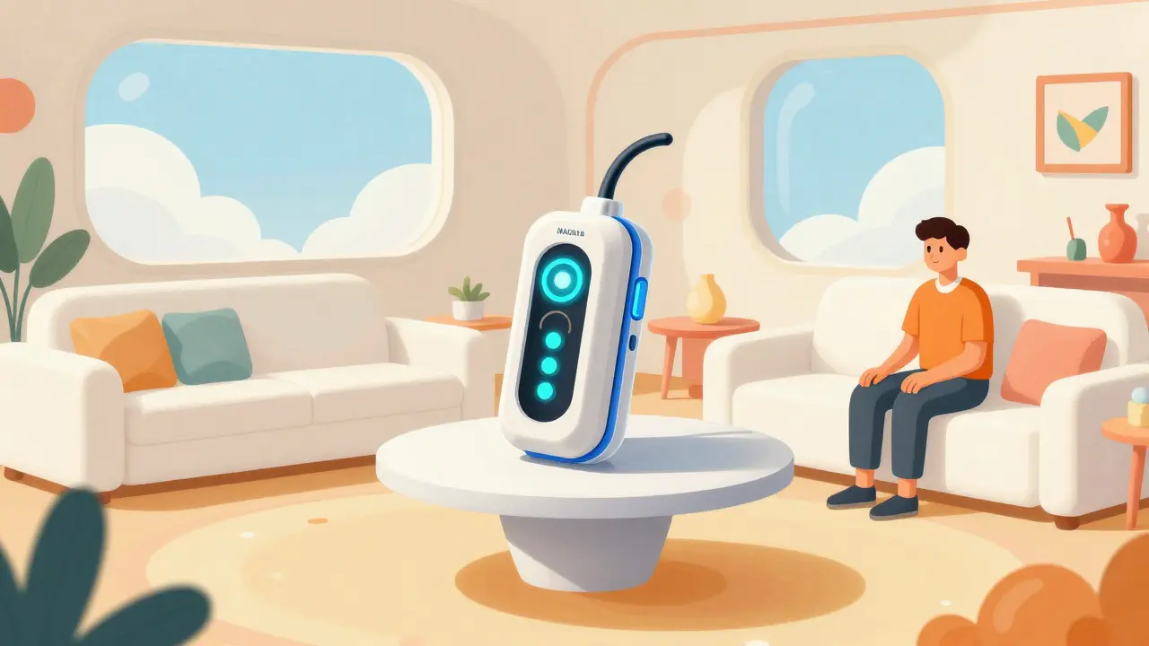 A retro-futuristic living room featuring a high-tech Naloxone kit and a supportive companion.