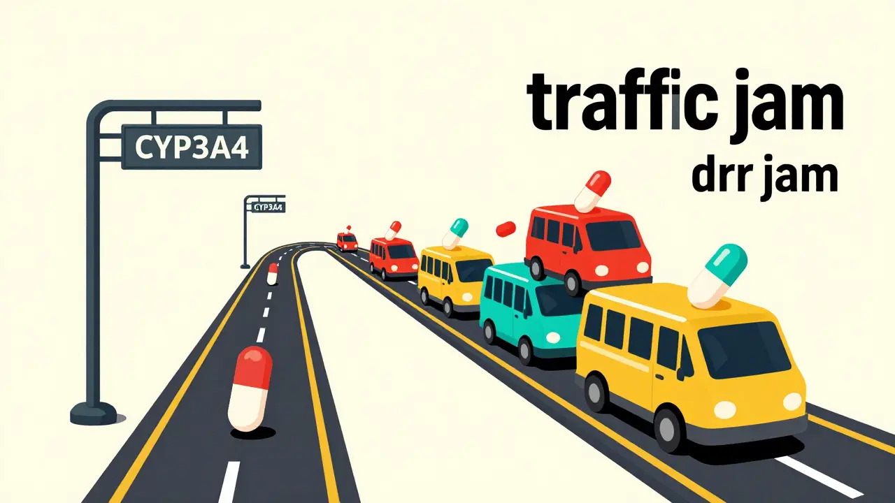 Cartoon of a futuristic liver transit hub with a traffic jam of colorful medicine capsules.