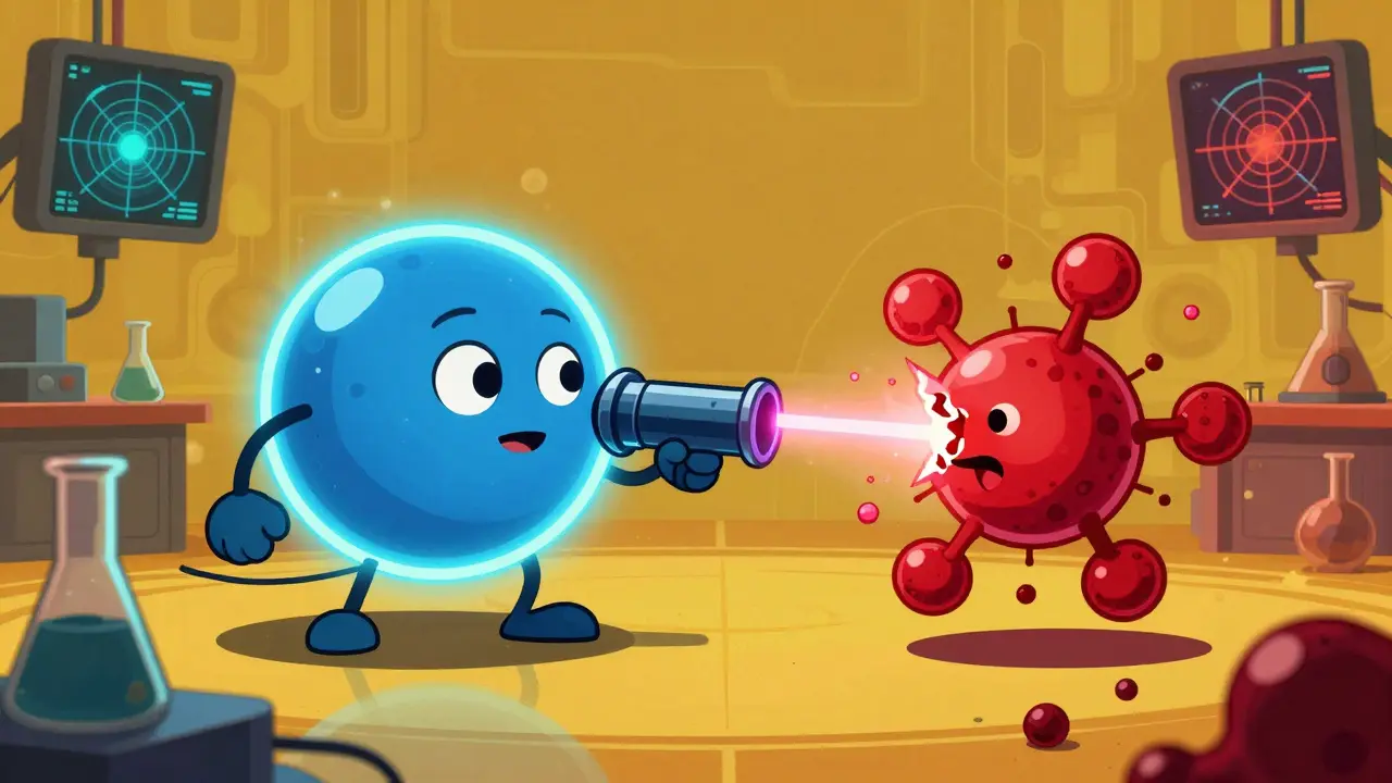 Cartoon showing gut bacteria transforming a safe blue medicine molecule into a toxic red one.