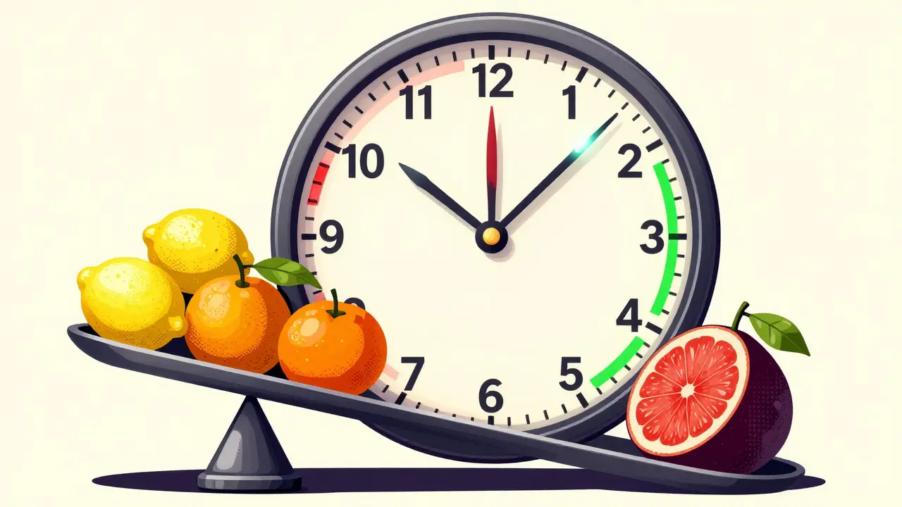 Clock face and scale comparing safe and unsafe fruit options