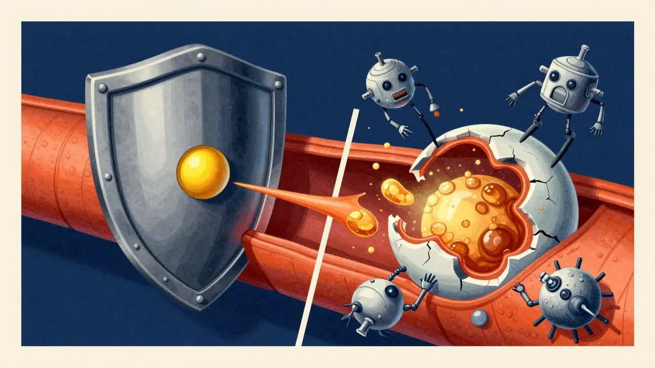 Comparison of stable and unstable arterial plaque in a mid-century modern art style.