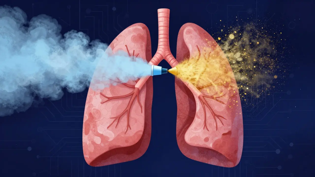 Conceptual illustration of mist and powder particles entering stylized lungs