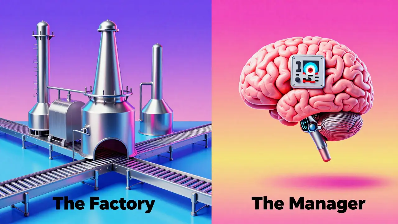 Conceptual retro-futuristic art of a stalled factory and a malfunctioning robotic brain.