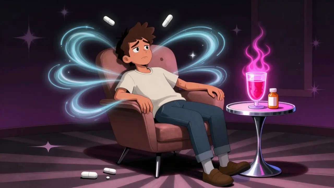 Dizzy patient at a table with glowing juice and medicine bottle