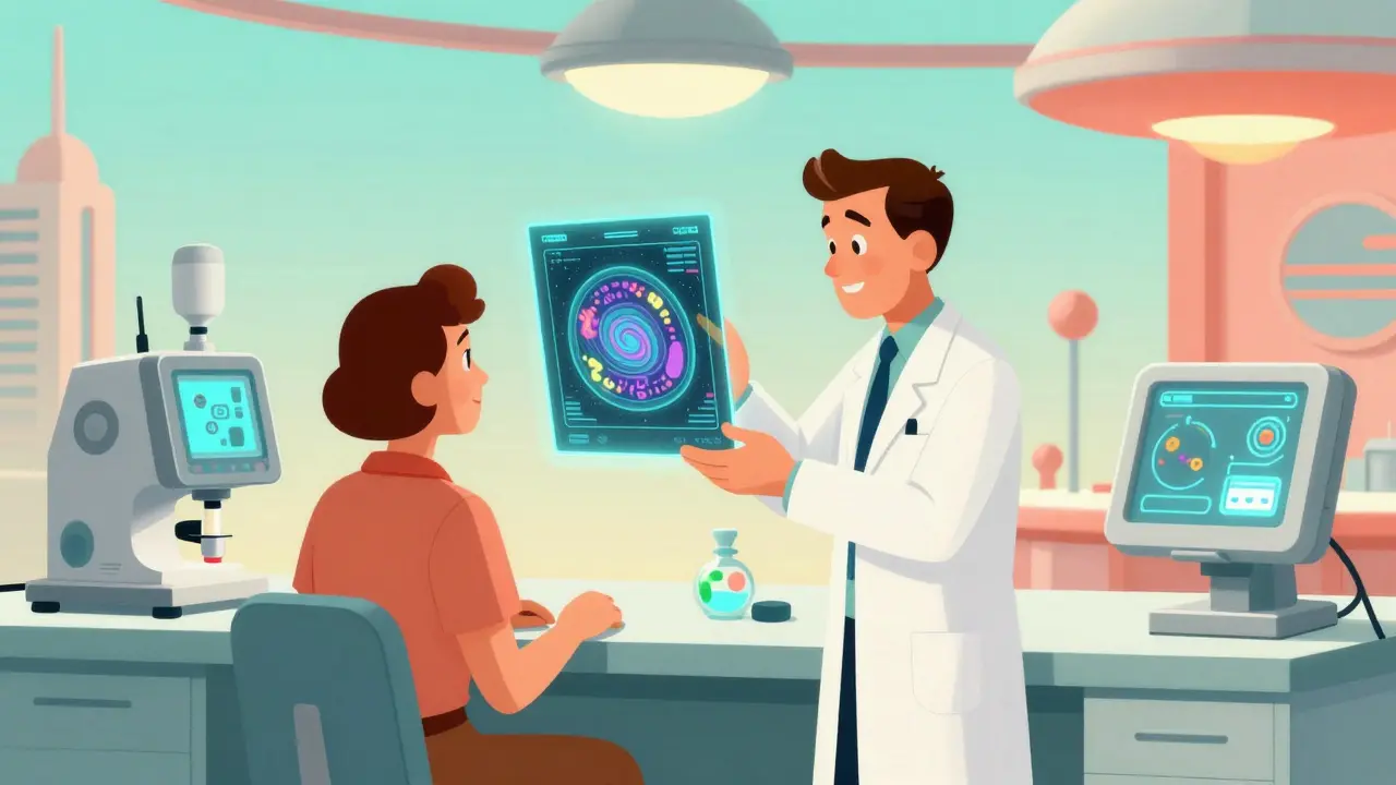 Futuristic doctor using a holographic microbiome display to personalize a patient's drug dose.