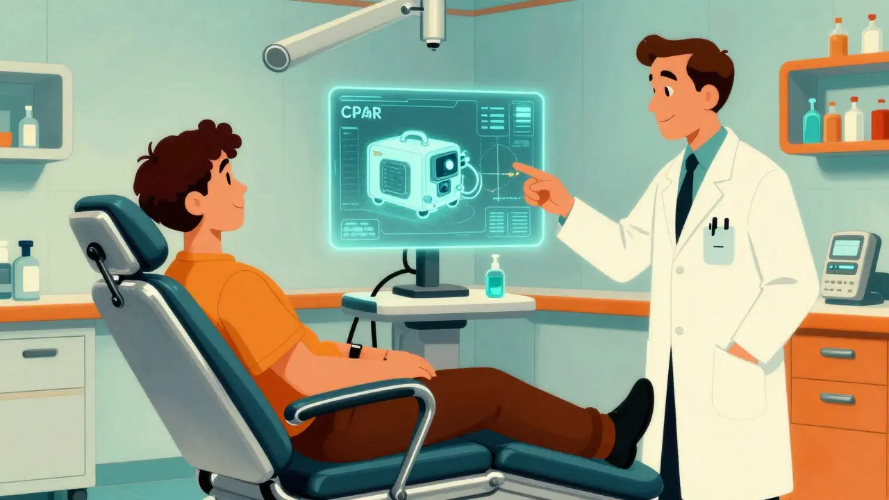 Patient at a futuristic medical clinic discussing professional sleep apnea treatments with a doctor.