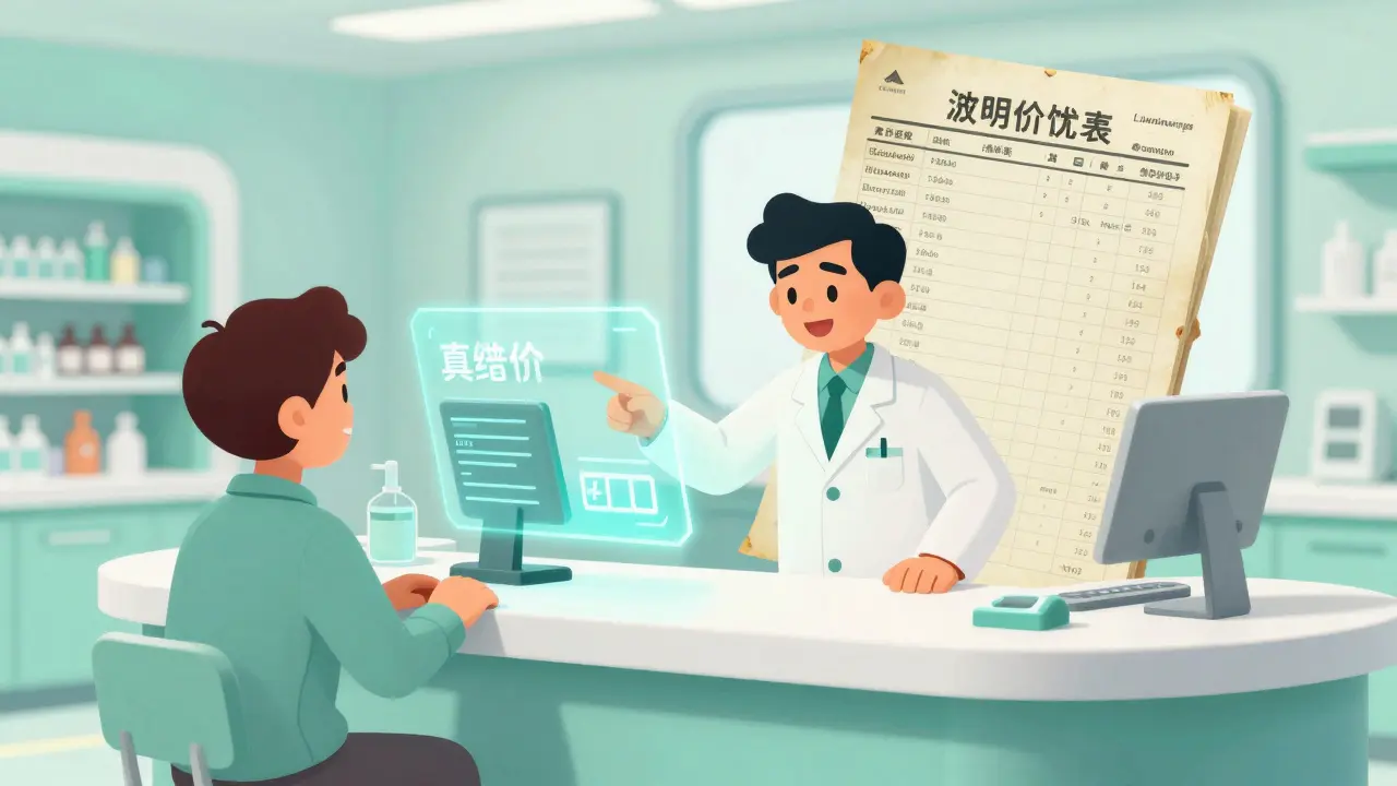 Patient at a futuristic pharmacy counter seeing a transparent holographic cash price.