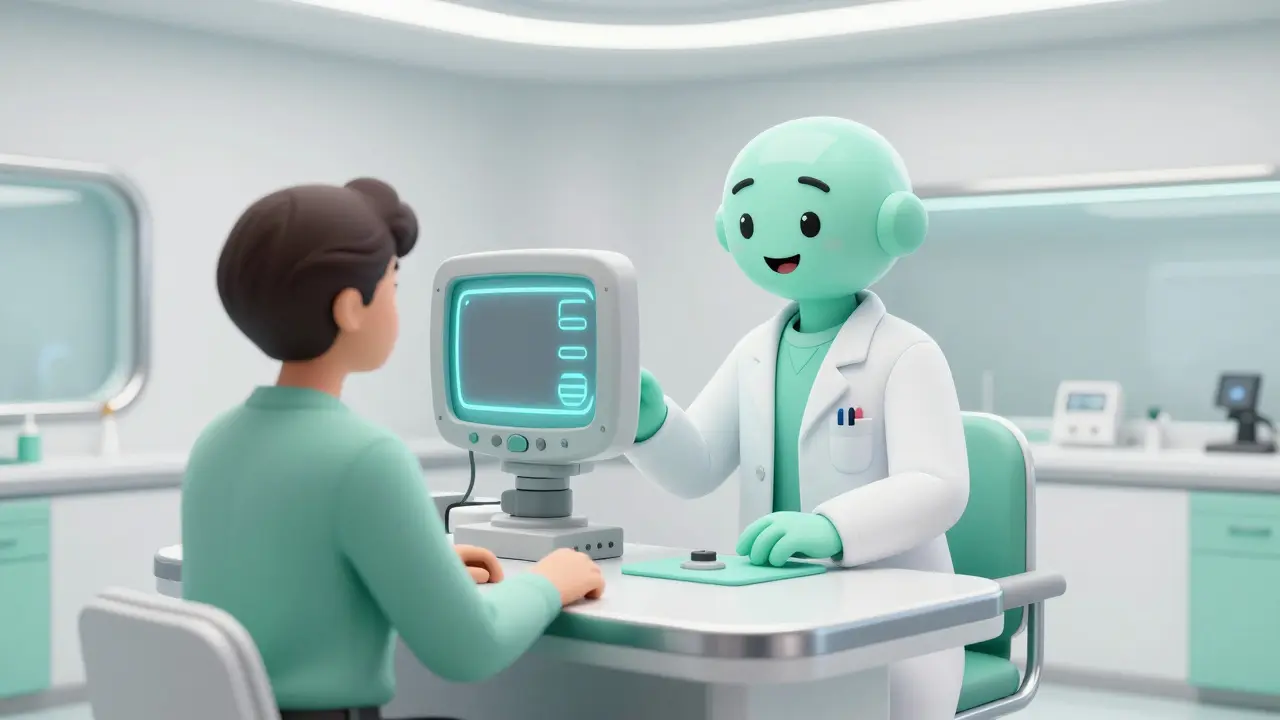 Person using a vintage-style futuristic computer for an AI telehealth consultation.