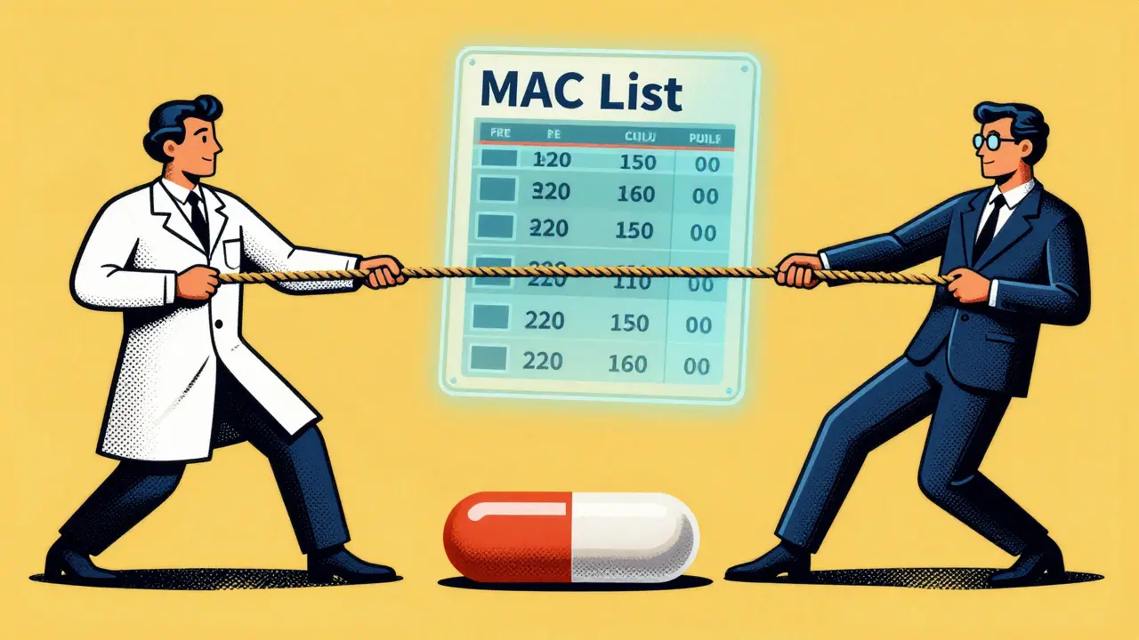 Pharmacist and executive in a tug-of-war over a generic pill with a holographic price chart.