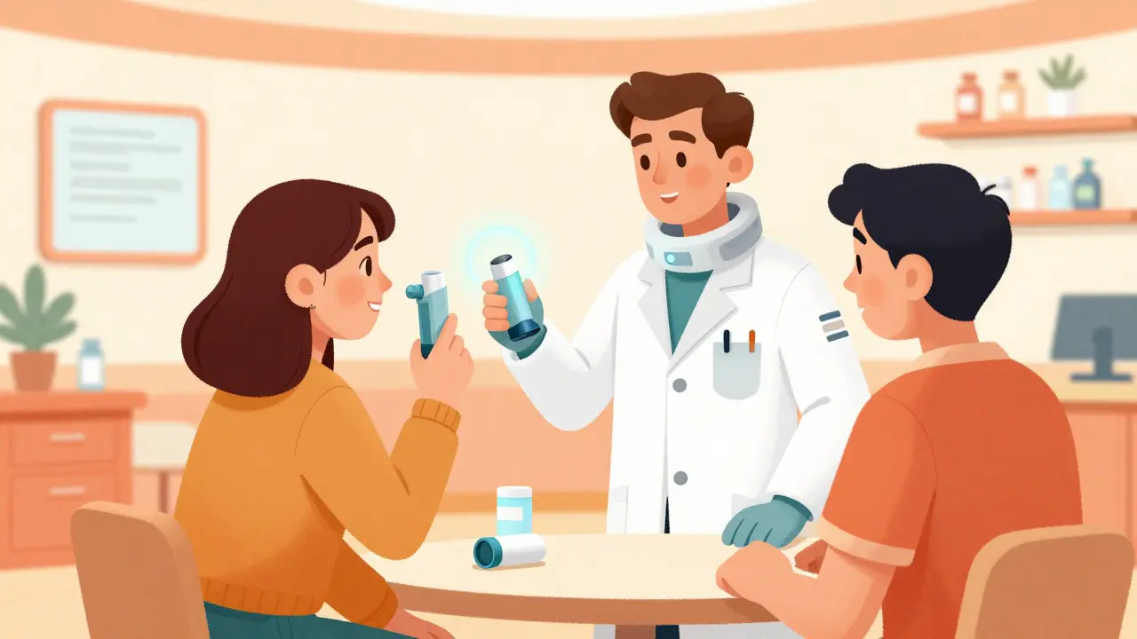 Pharmacist guiding a patient with a smart inhaler in a retro-futuristic clinic