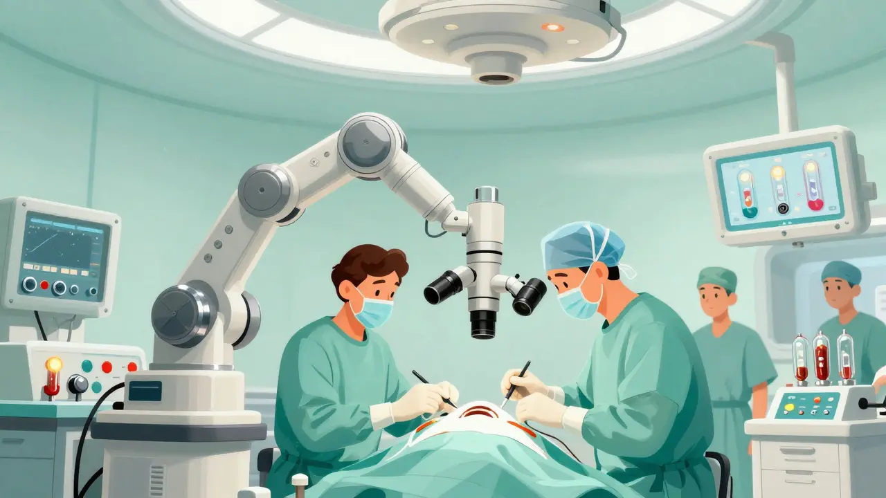 Retro-futurist scene of a surgeon using an advanced robotic scope in a futuristic operating room.