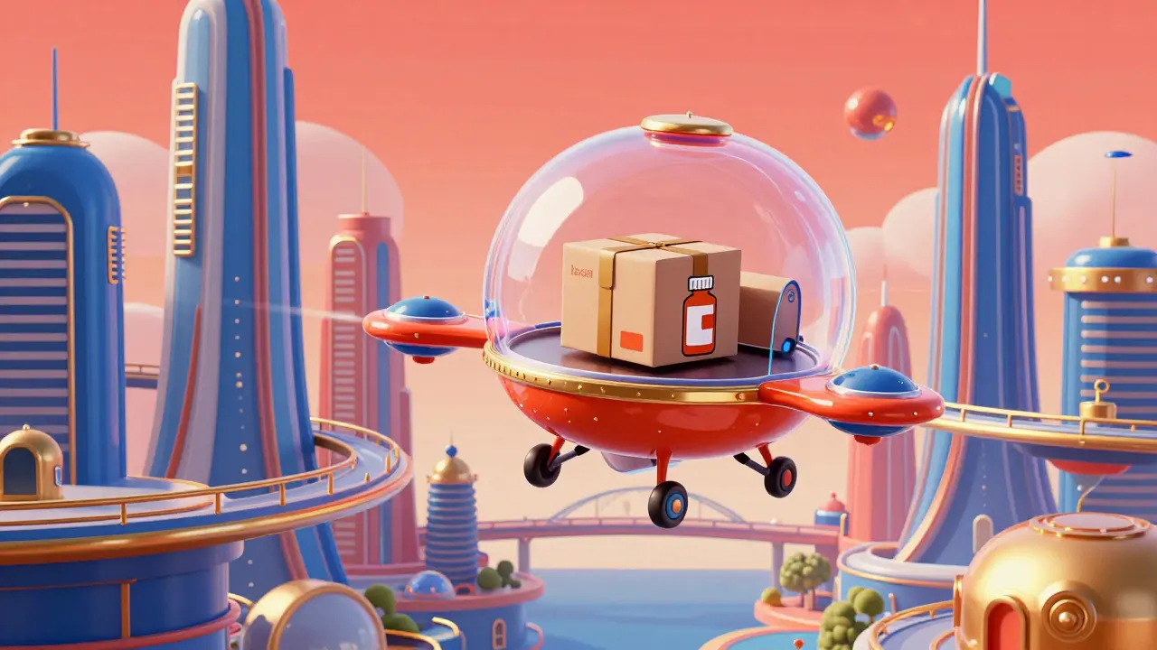 Retro-futuristic bubble-car drone delivering a pharmacy package over a utopian city.