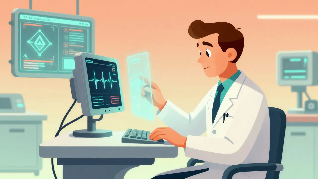 Retro-futuristic doctor analyzing a holographic heart rhythm monitor in a space-age lab.