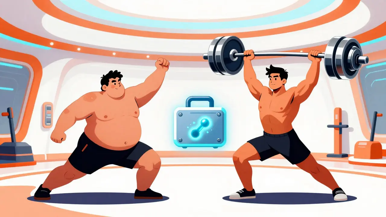 Retro-futuristic illustration of a man transforming from tired and overweight to fit and energetic.