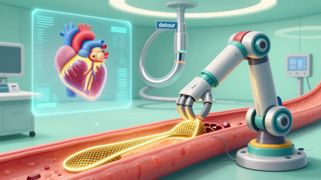 Retro-futuristic medical scene showing a gold stent and a bypass graft being applied to a heart.