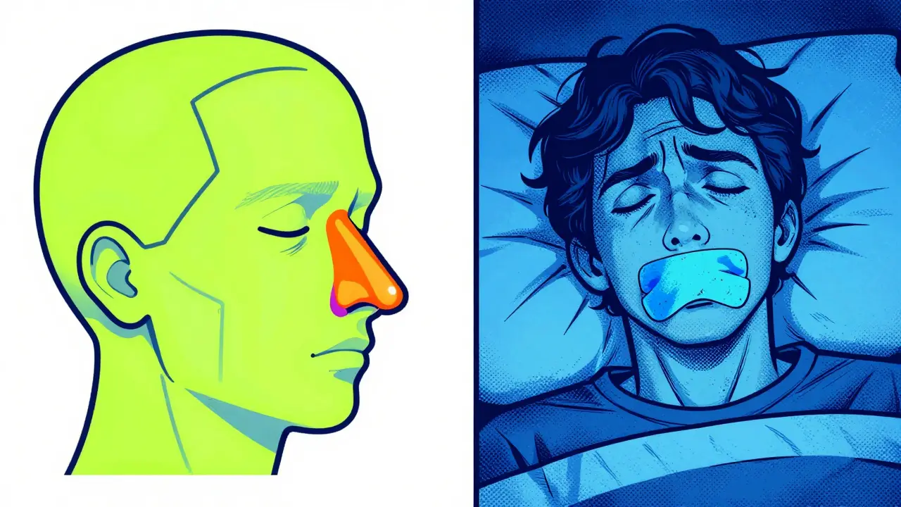 Split illustration showing a blocked nasal passage and a person struggling to breathe while mouth taping.
