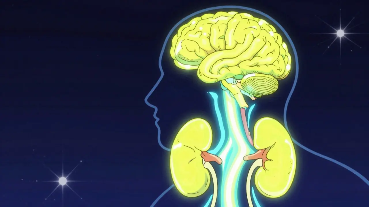 Stylized diagram showing the pituitary and adrenal glands with glowing cortisol energy beams.