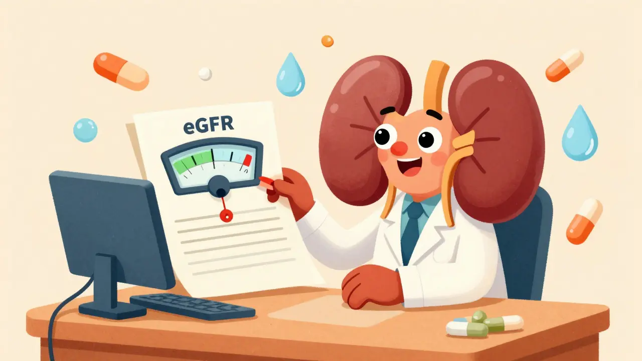 Anthropomorphic kidney checking eGFR levels for metformin safety