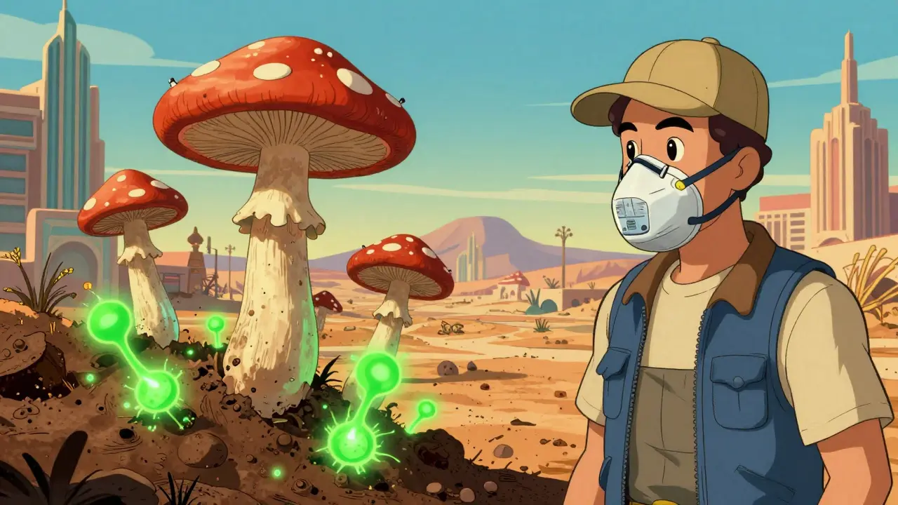 Cartoon worker avoiding fungal spores in desert soil