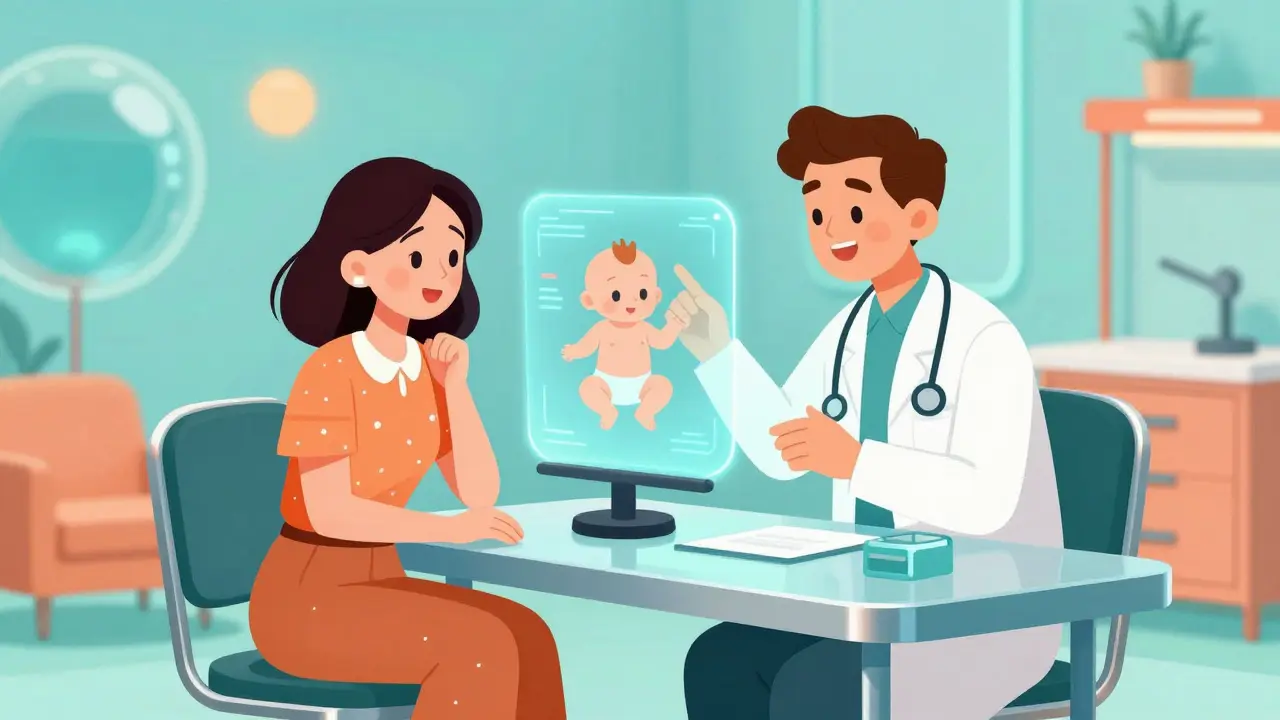 Doctor and mother reviewing a holographic baby scan in a retro clinic