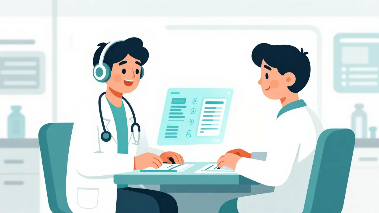 Doctor and patient consulting via hologram in futuristic clinic setting