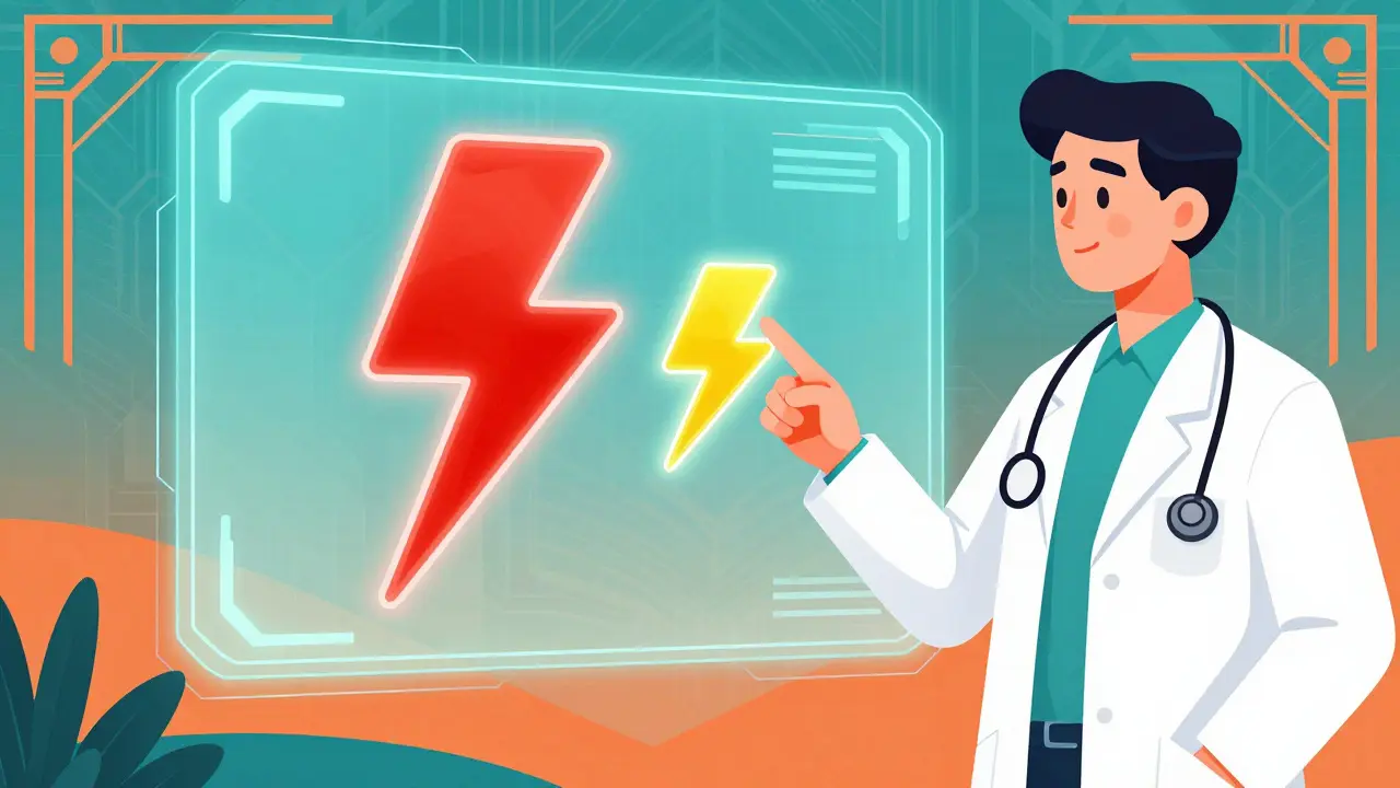 Doctor explaining stroke risk outweighs bleeding risk with holographic icons