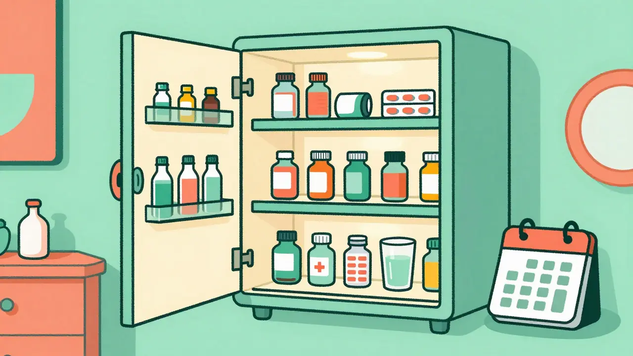 Futuristic medicine cabinet with organized pills and light
