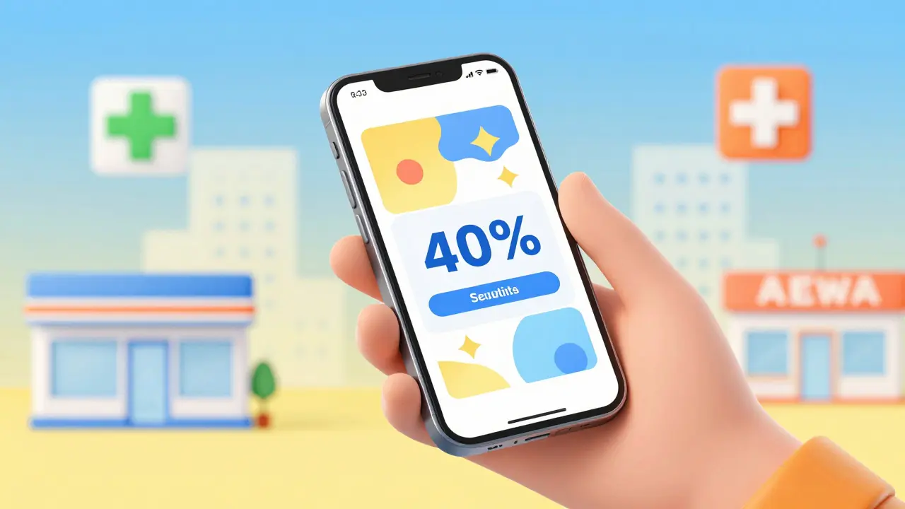 Hand holding a smartphone showing a discount coupon near pharmacy icons.