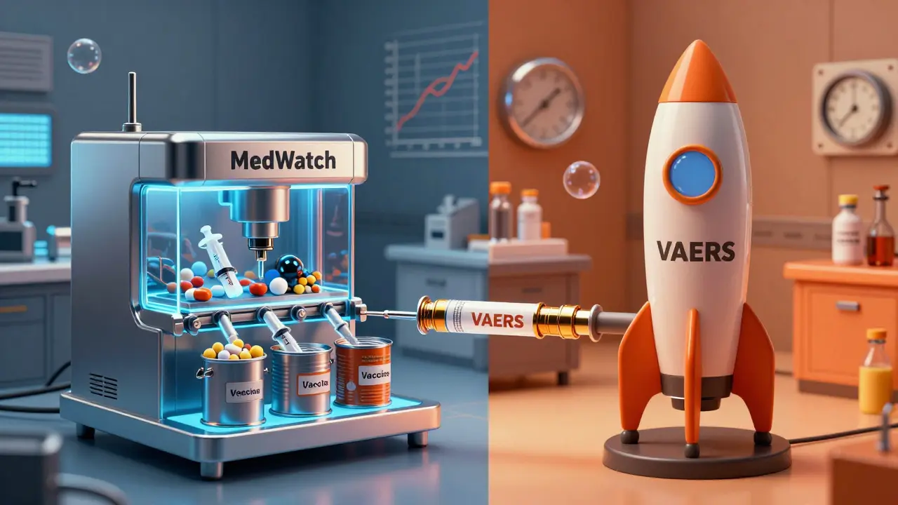 Illustration comparing MedWatch's broad scope vs VAERS' vaccine-only focus