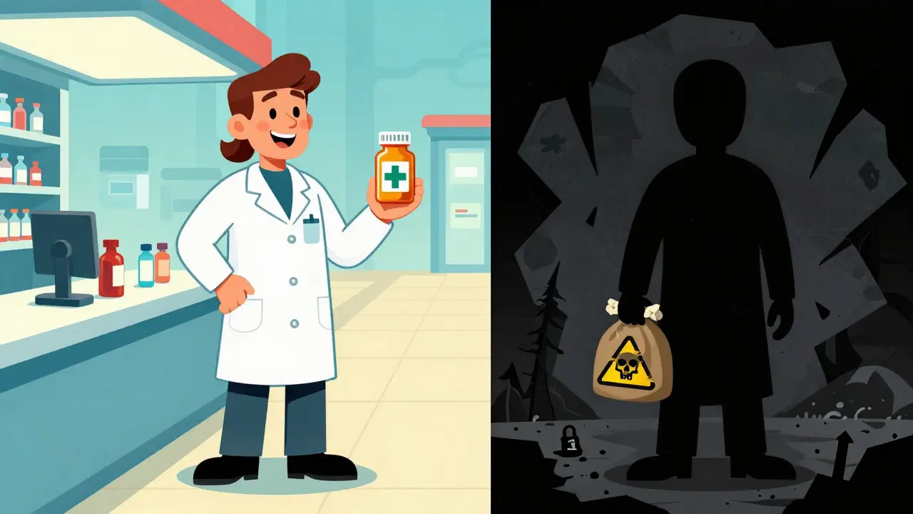 Illustration contrasting safe pharmacy pickup with dangerous illegal drug sources.