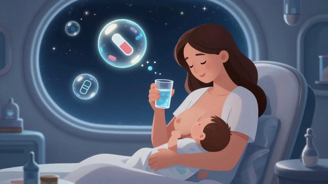 Mother breastfeeding safely with visual representation of low medication transfer