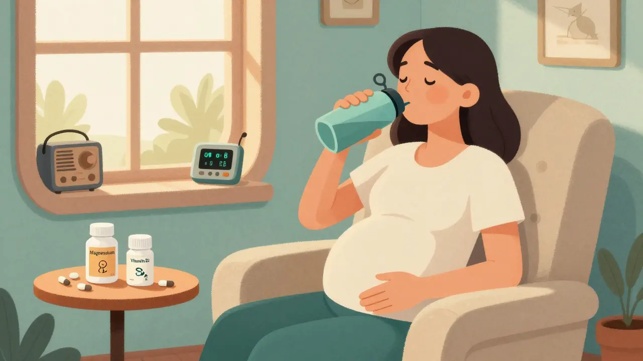 Pregnant woman using hydration and supplements for migraine relief in vintage style
