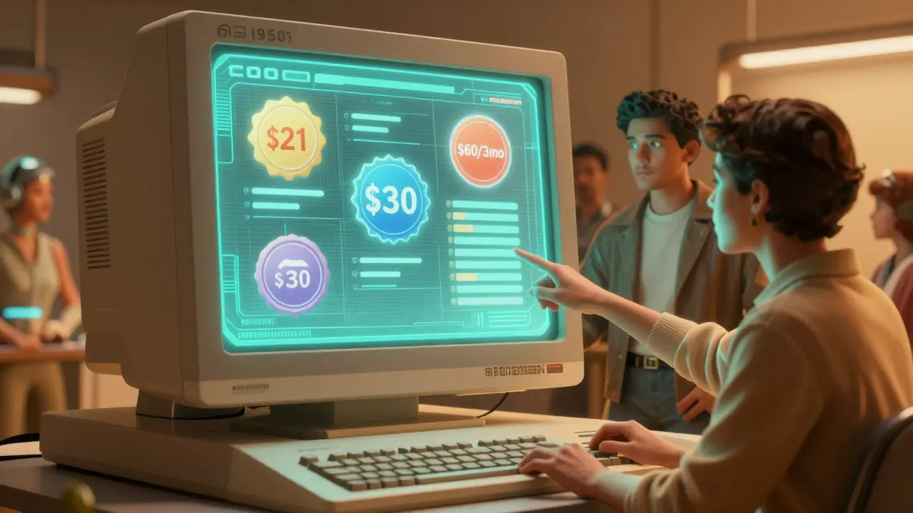 Retro-futuristic people comparing online pharmacy prices on a screen
