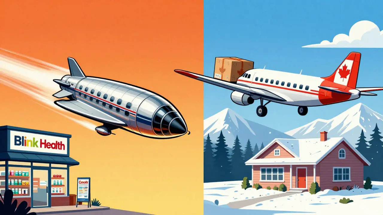 Retro illustration contrasting fast US pickup with slower Canadian shipping options