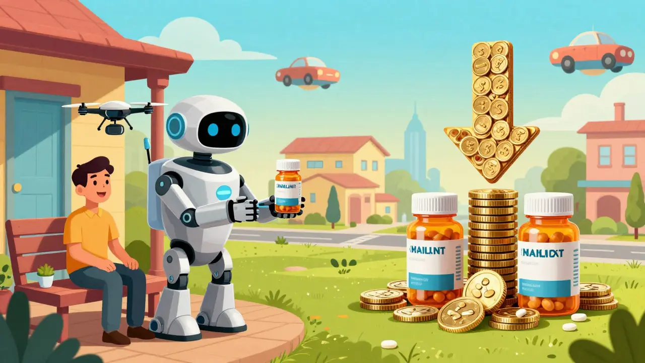 Robot drone delivering medicine package to home, retro-futuristic style