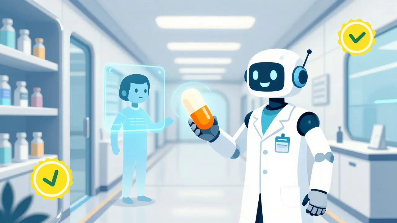 Robot pharmacist handing pills in a secure digital space