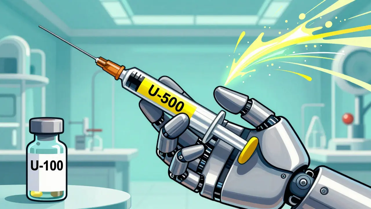 Robotic hand holding insulin syringe warning about dosage errors