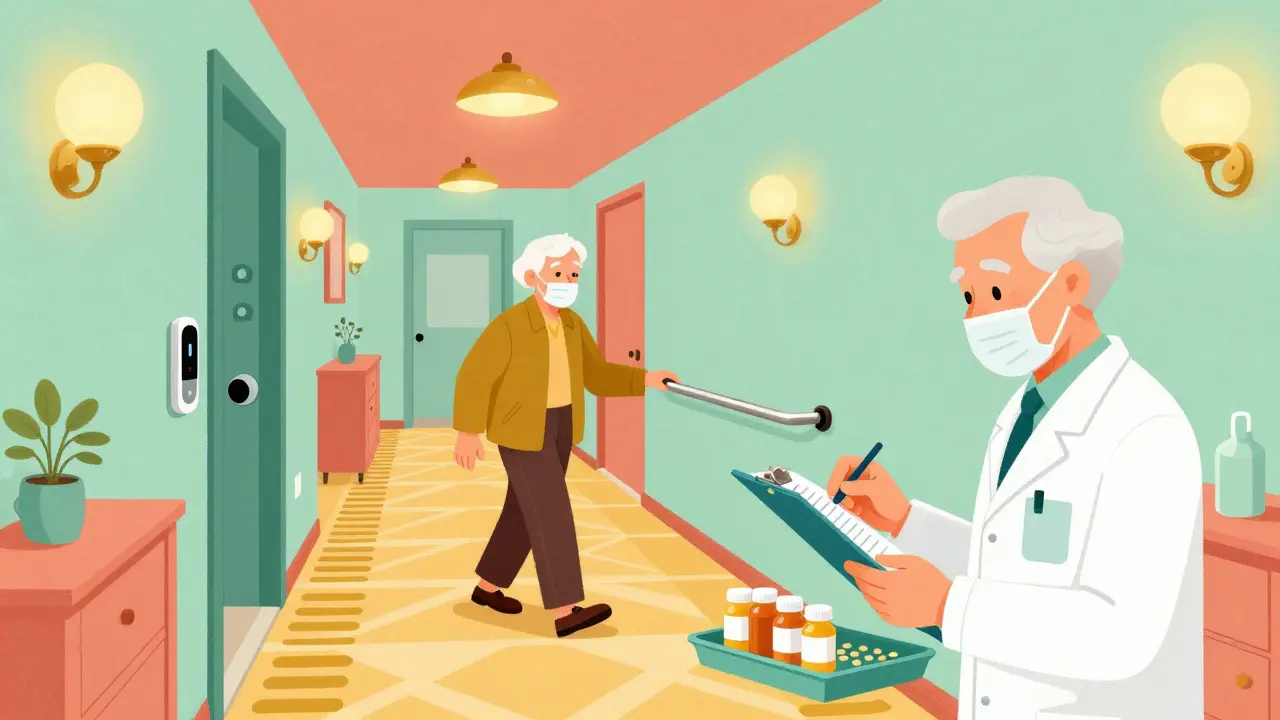 Safe home environment with fall prevention features in retro-futurism style