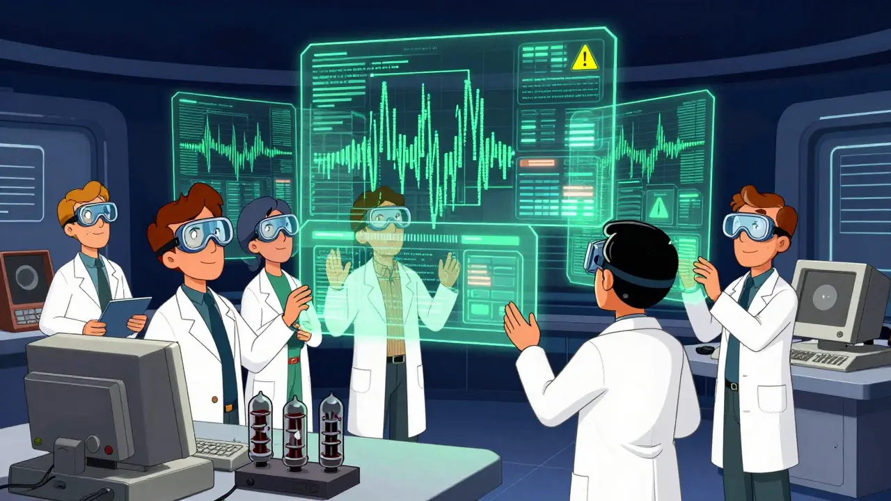 Scientists analyzing holographic safety data signals in a retro-futuristic lab