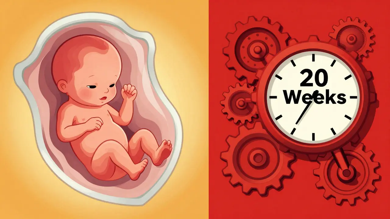 Split scene showing safe zone and 20-week warning for pregnancy meds