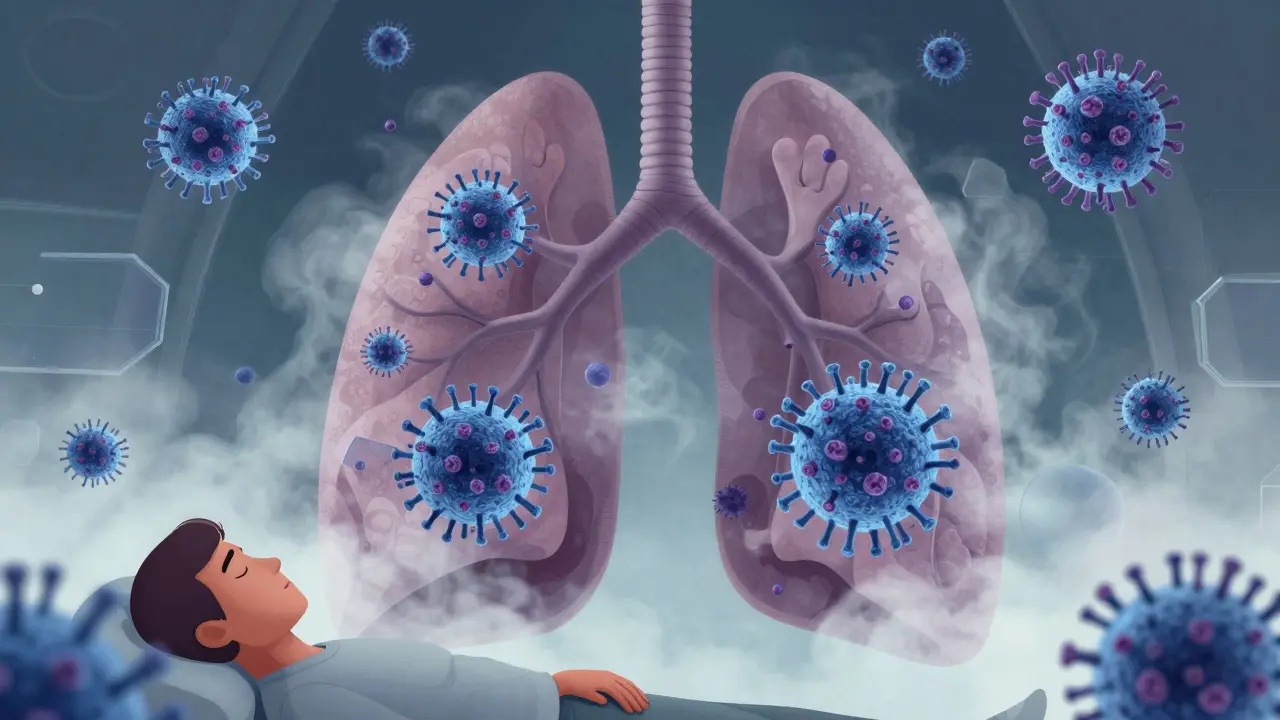 Stylized illustration of viruses drifting through lungs