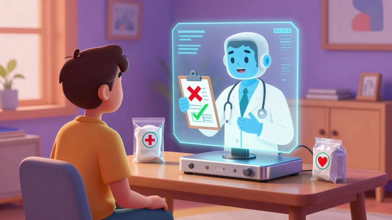 Telemedicine hologram checking health safety for prescription delivery