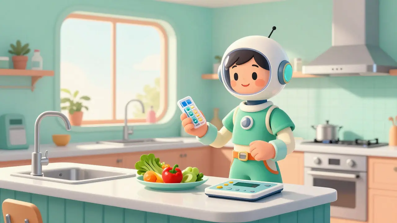 Character managing daily medication and healthy diet at home