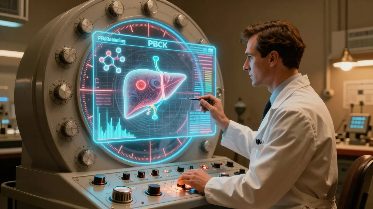 Doctor using a retro-futuristic analog computer for precision drug dosing