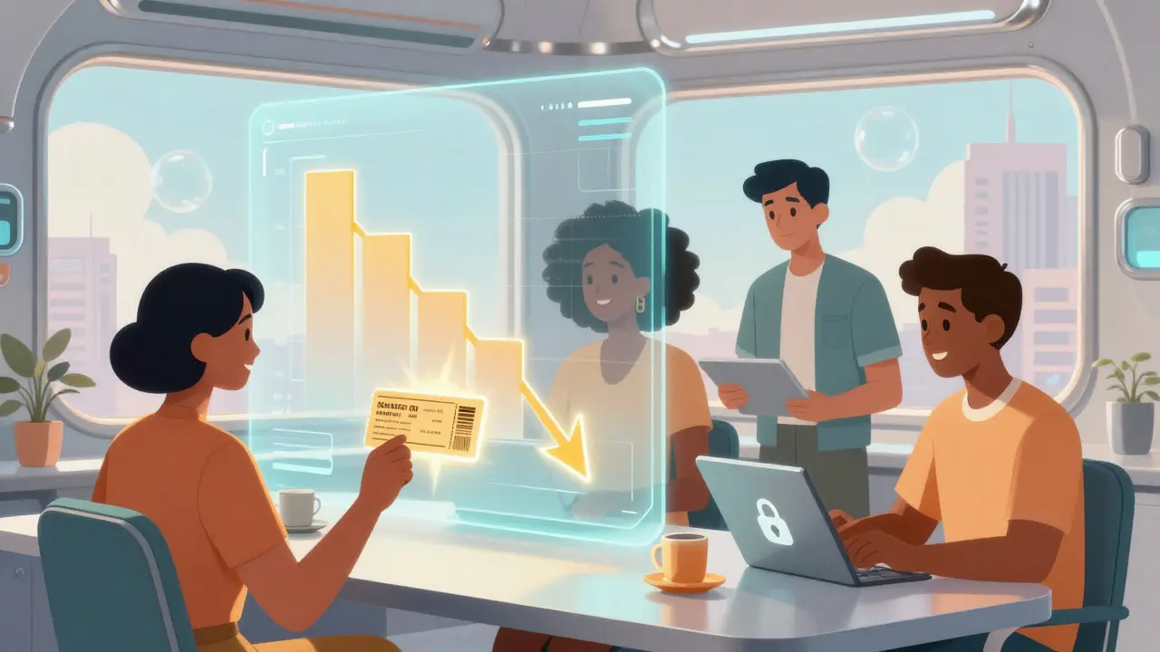 Futuristic illustration of people comparing prices and saving money