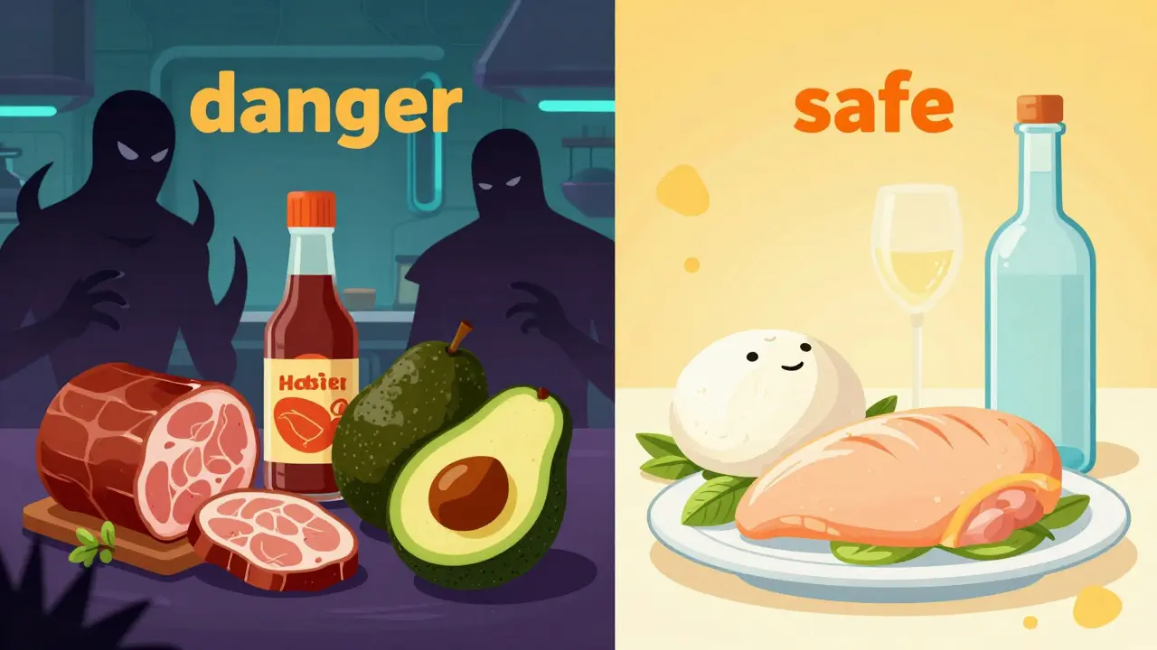 Illustration comparing dangerous cured meats with safe fresh chicken and cheese.