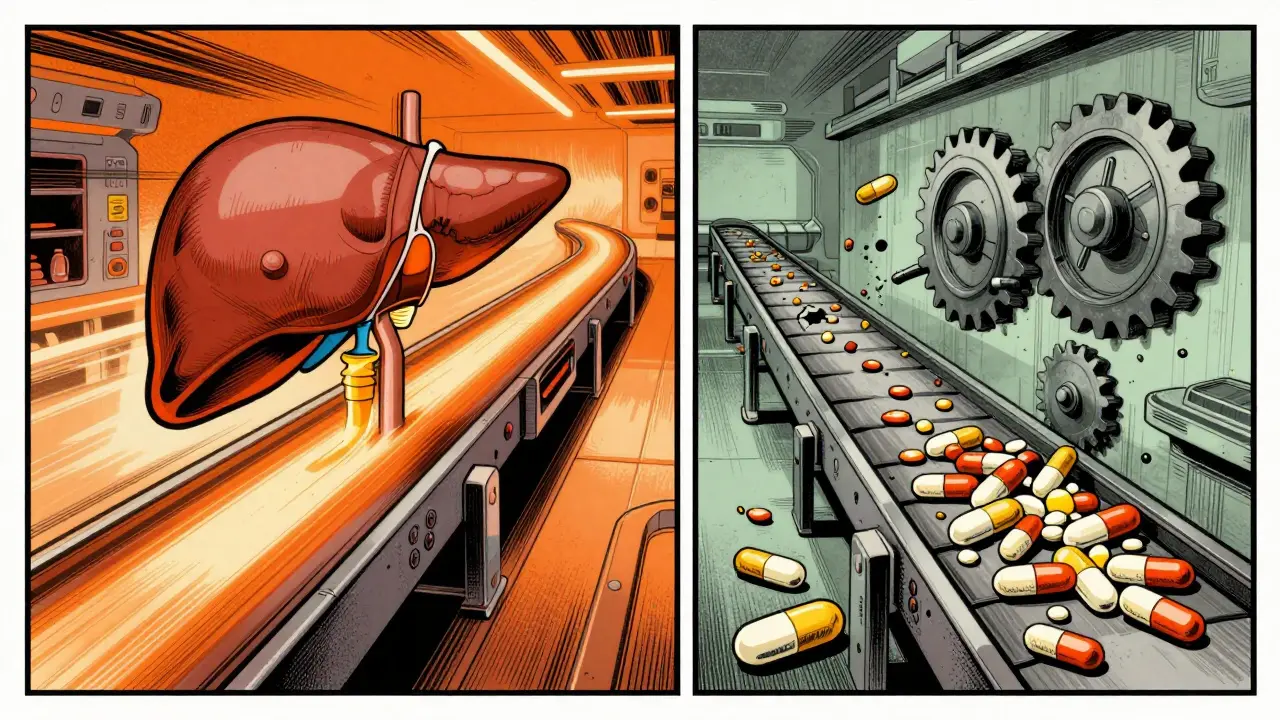 Illustration comparing fast and slow drug metabolism pathways in liver disease