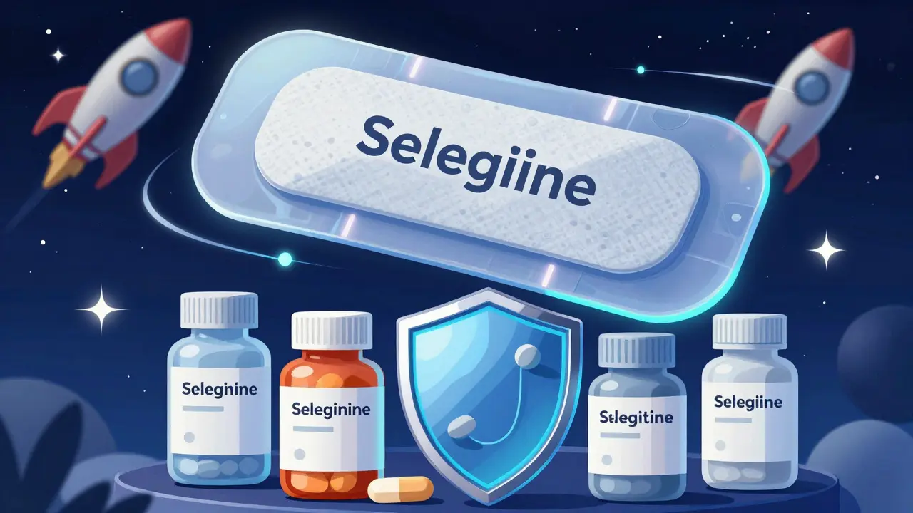 Retro-futuristic art showing a transdermal patch as a safer medication option.