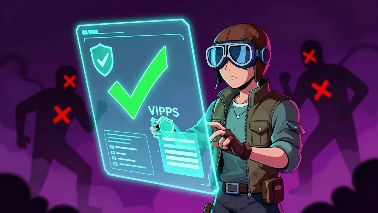 Retro-futuristic character verifying safe online pharmacy credentials